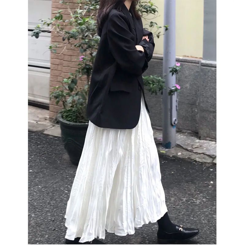 白色褶皱半身裙女秋冬2023新款长款皱皱小白裙打底百褶裙半身长裙