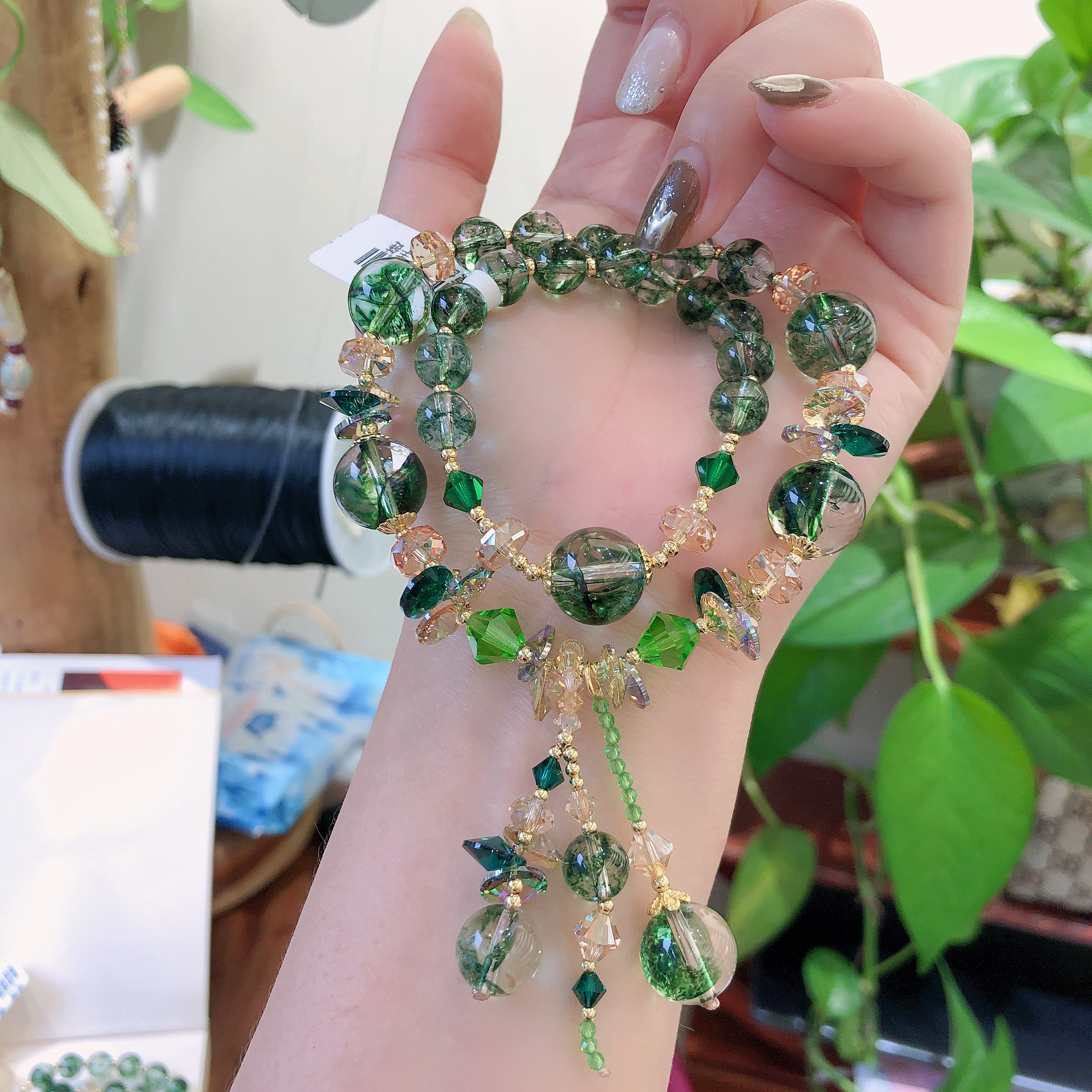 茶晶凤羽幽灵金发晶手链两圈奥地利水晶手串手工串珠饰品配饰首饰