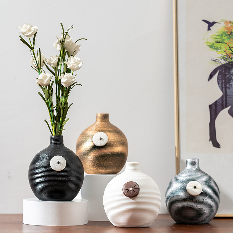 日式跨境螺纹花瓶陶瓷摆件客厅电视柜干花插花装饰品眼球特色花瓶
