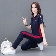 运动服套装女夏时尚两件套2022新款韩版立领大码洋气休闲短袖T恤