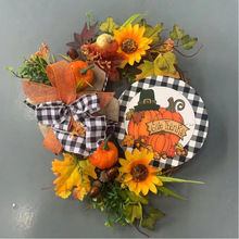 跨境独立站南瓜花环Buffalo Lattice Pumpkin Sunflower Wreath