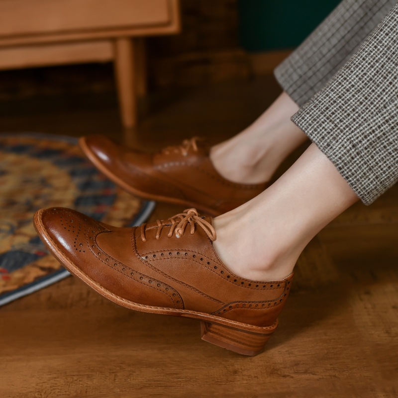 2023春新款牛皮复古雕花平底布洛克鞋英伦风小皮鞋系带单鞋女40码