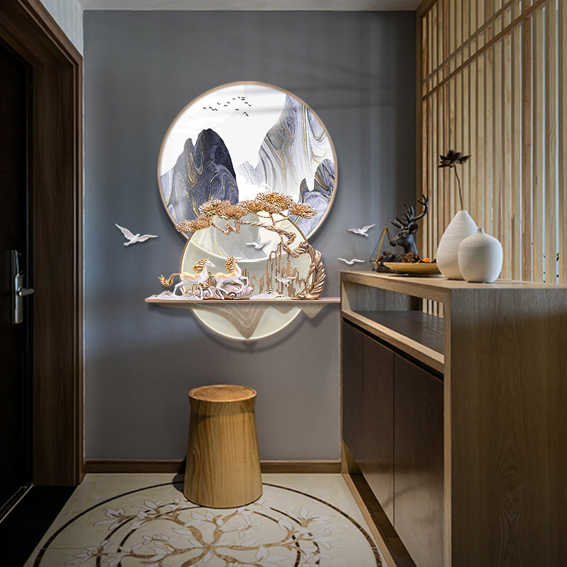 入户玄关装饰画客厅进门过道背景墙挂画3d立体浮雕新中式竖版壁画