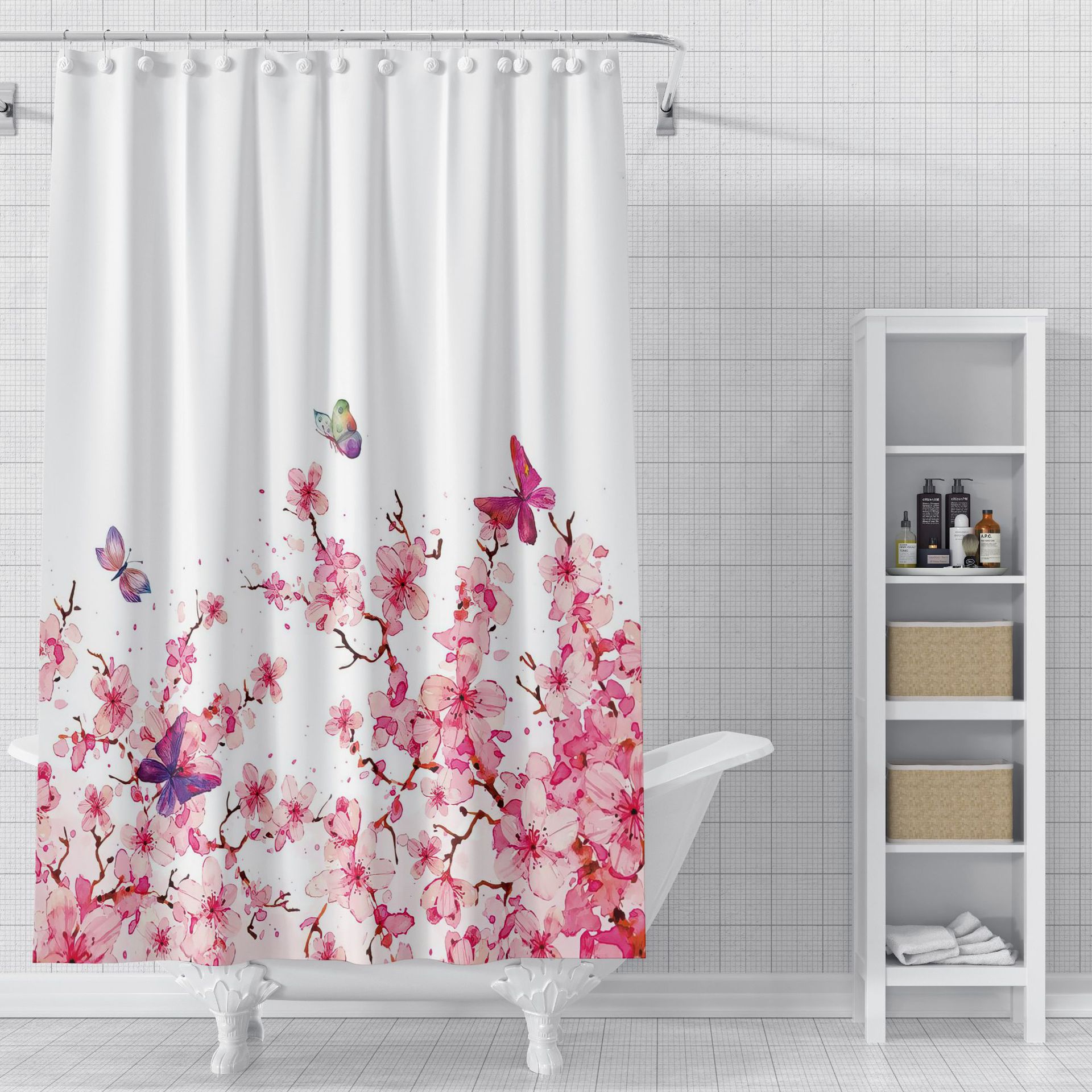 Cross-Border New Arrival Factory Wholesale Simple Flower Shower Curtain 3d Printing Punch-Free Shower Curtain Bathroom Curtain