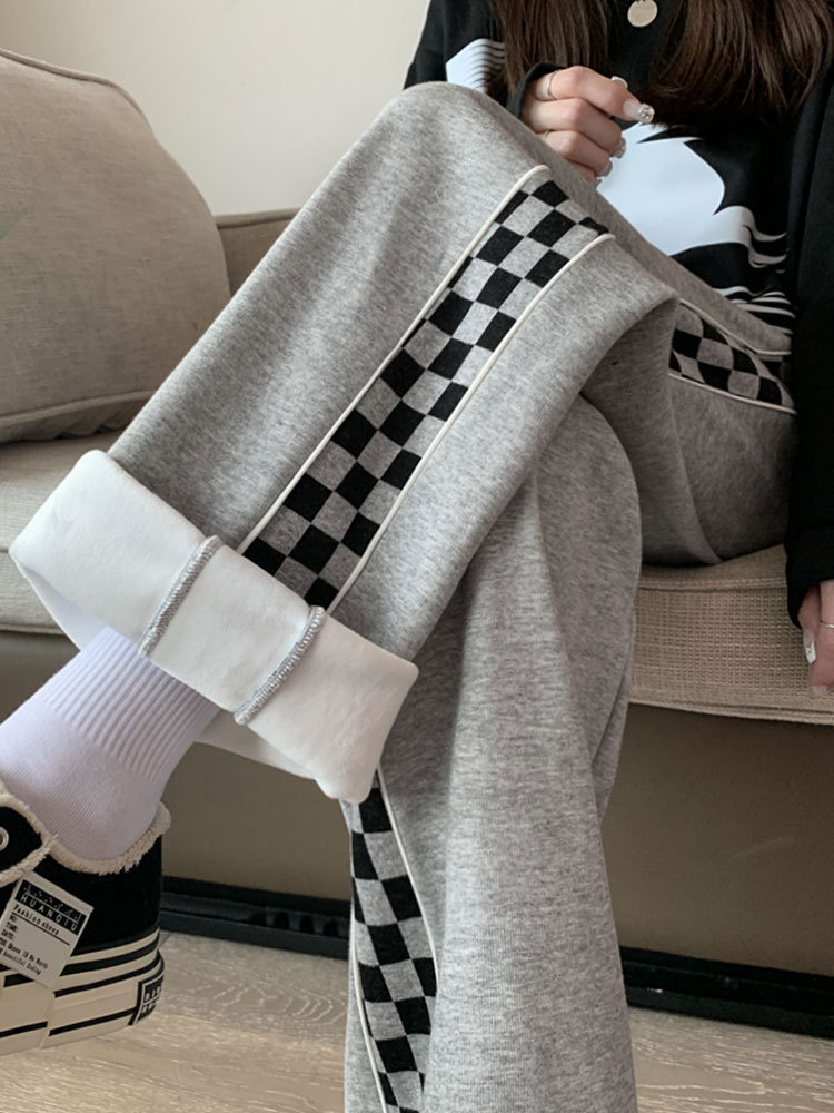 Fleece-Lined Chessboard Plaid Sports Pants Women's Pants 2022 New Autumn and Winter Thickened Straight Casual Gray Wide-Leg Sweatpants