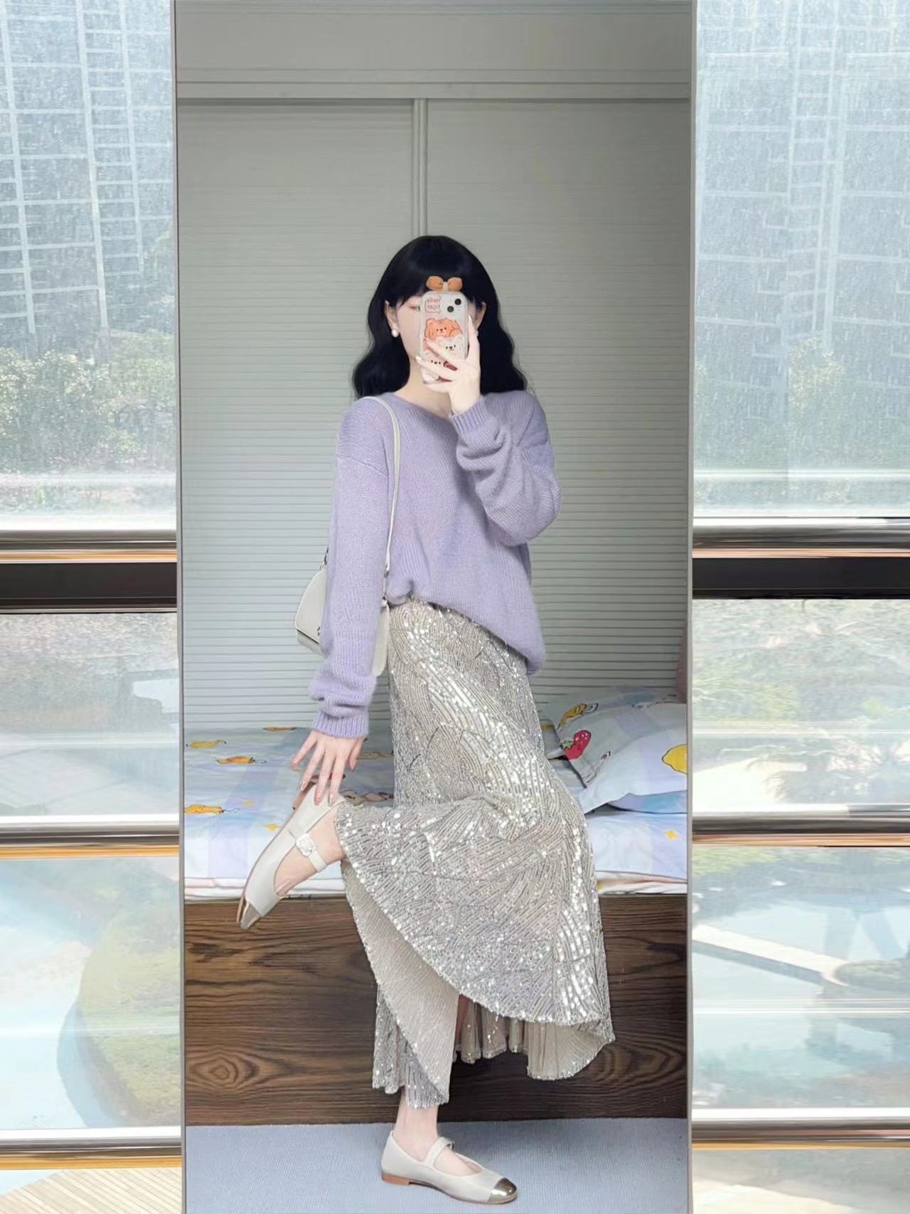 秋装搭配一整套鱼尾半身裙配紫色毛衣今年流行漂亮小香风两套装裙