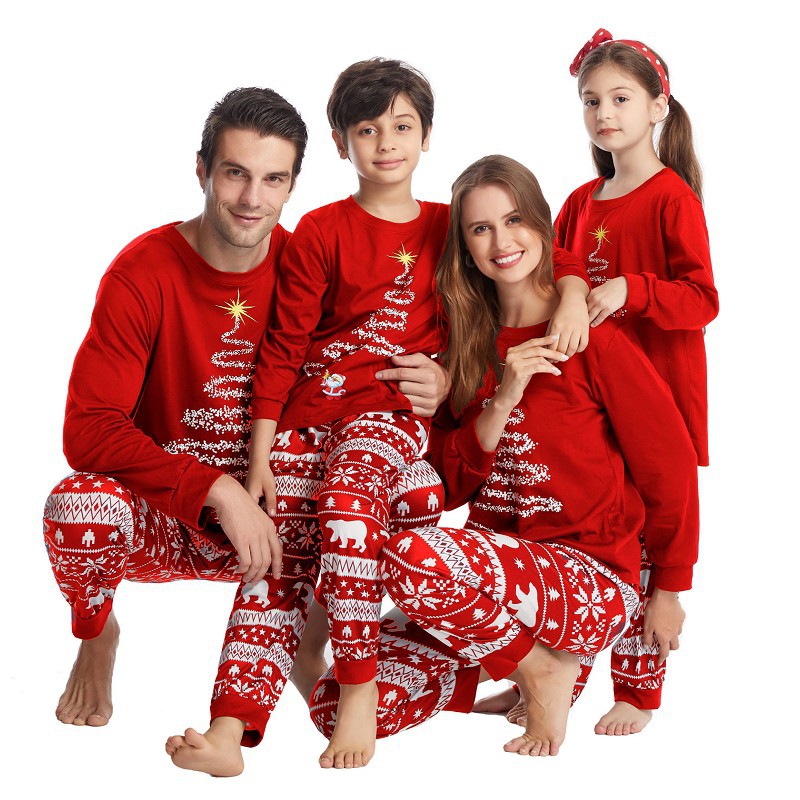 Amazon Red Parent-Child Clothing Clothes for the Whole Family European and American Family Three Christmas Cotton Parent-Child Clothes Pajamas Homewear