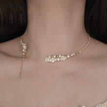 新中式天然淡水珍珠项链金色藤蔓花瓣项圈女设计感新娘配饰锁骨链