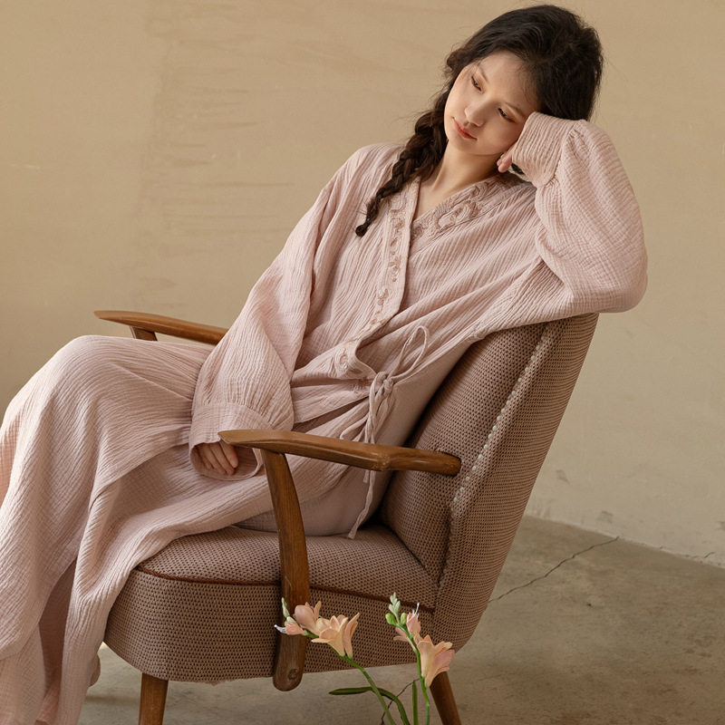 lm纱布国风宽松系带女睡袍浴袍春夏纯棉睡衣裙新中式家居服加长袍