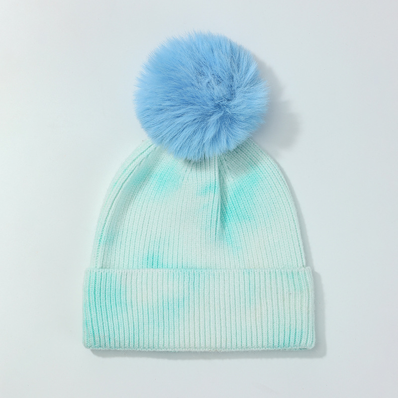 Autumn and Winter New Tie-Dyed Flanging Knitted Hat Men's and Women's Winter Fashionable Warm Wool Beanie Hat Ball Warm Hat