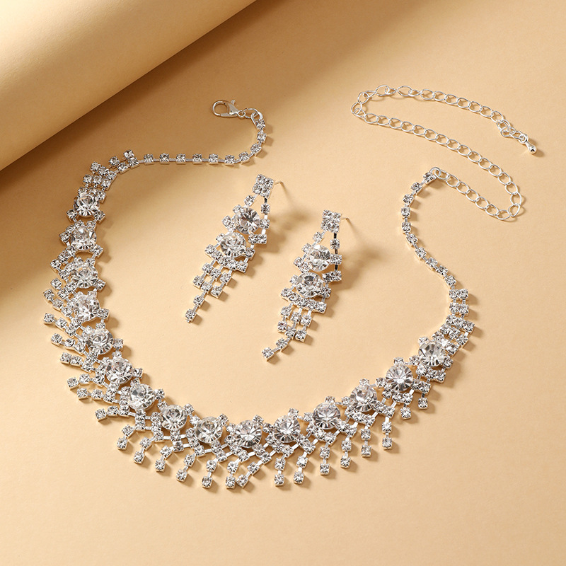 新娘礼服首饰套链 欧美时尚白水晶水钻项链耳环套装