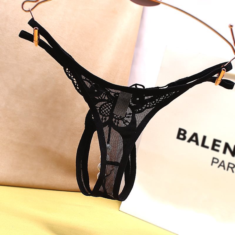 内裤女低腰性感镂空透明透视露臀情趣开档免脱刺绣丁字裤珍珠按摩