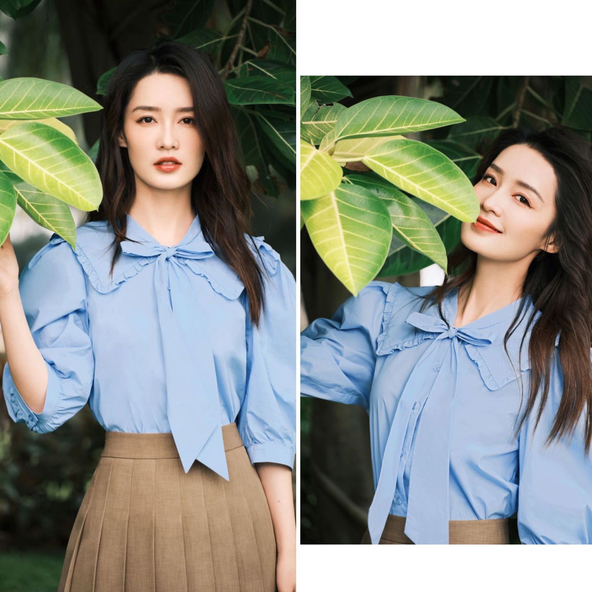 李沁明星同款蓝色海军娃娃领短袖衬衣女蝴蝶结系带泡泡袖夏季衬衫