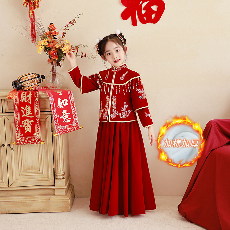 女童古装汉服冬款加厚儿童中国风唐装拜年服红色过年新年衣服冬季