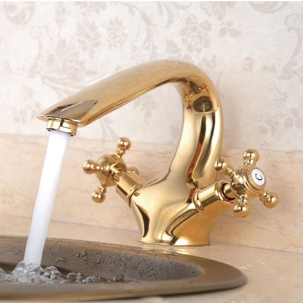 外贸批发金色欧式仿古水龙头卫生间厕所单联冷热双控混脸盆水龙头