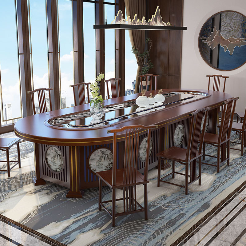 新中式椭圆电动餐桌酒店长方形包厢房间传送带饭店会议用餐两用桌