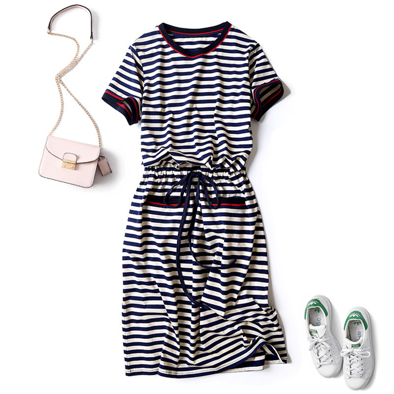连衣裙女夏2021新款宽松休闲收腰显瘦透气圆领短袖条纹中长裙