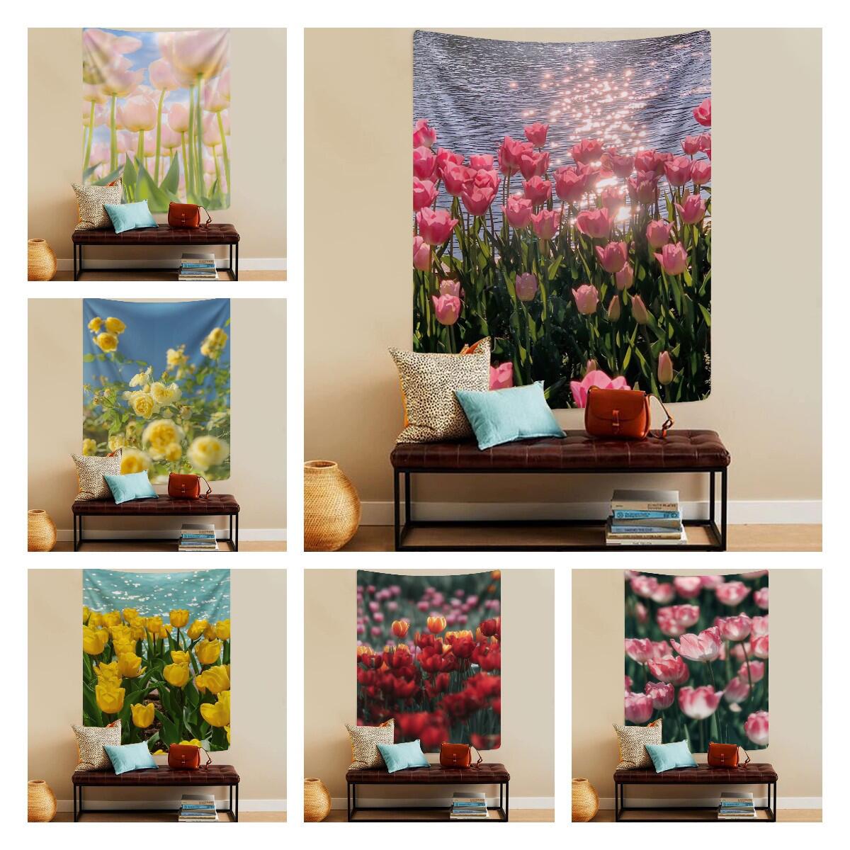 ins郁金香挂布背景墙布学生宿舍卧室装饰挂毯女花朵床头直播幕布