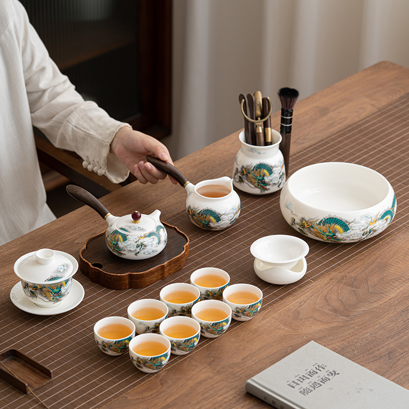 羊脂玉白瓷新款龙腾四海功夫茶具套装家用办公泡茶壶杯高档送礼用