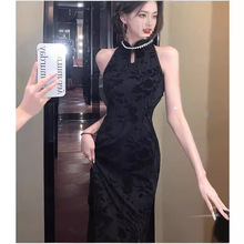 新中式轻国风黑色改良旗袍连衣裙女装夏季性感包臀长裙小个子