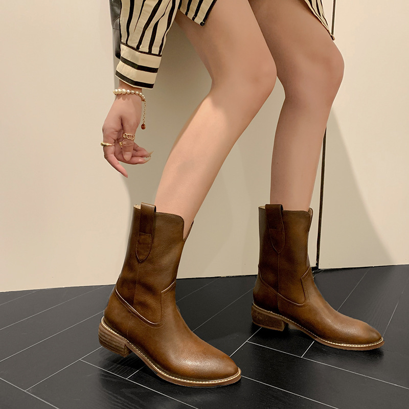 英伦风复古牛皮粗跟尖头v口西部牛仔靴女短靴春秋瘦瘦中筒靴单靴