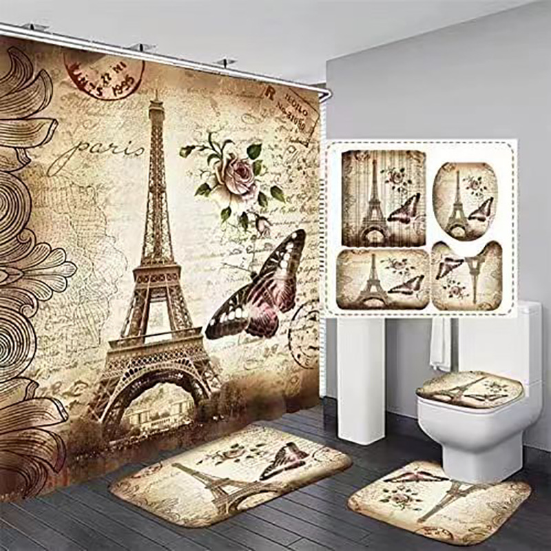 Amazon Waterproof Shower Curtain Polyester Bathroom Shower Curtain Mildew-Proof Geometric Paris Tower Bathroom Curtain Pictures Can Be Used