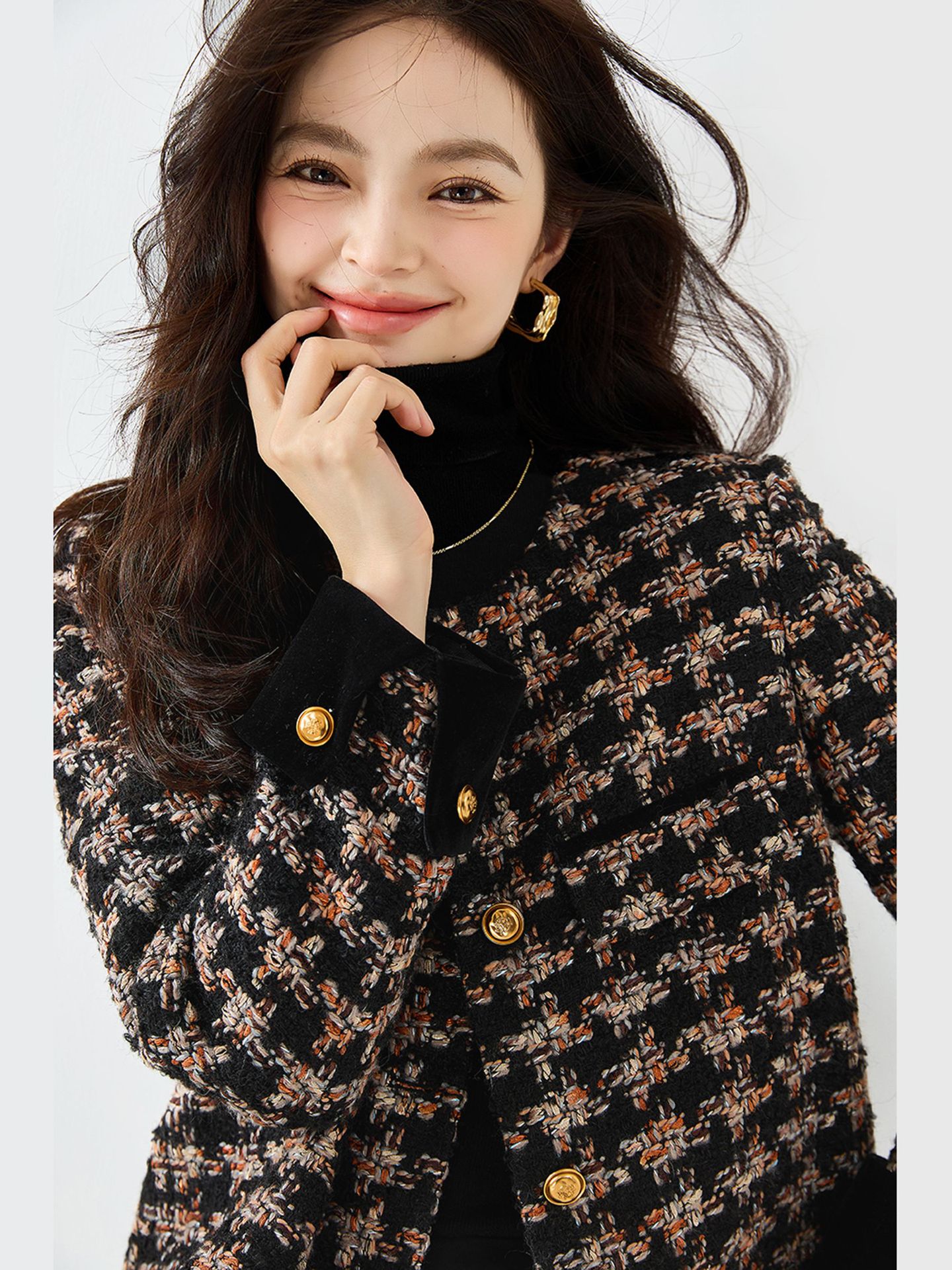 24 Spring New Classic Retro Velvet Stitching Small * Kafuu Plaid Tweed Short Coat Top 15381 Women Clothes