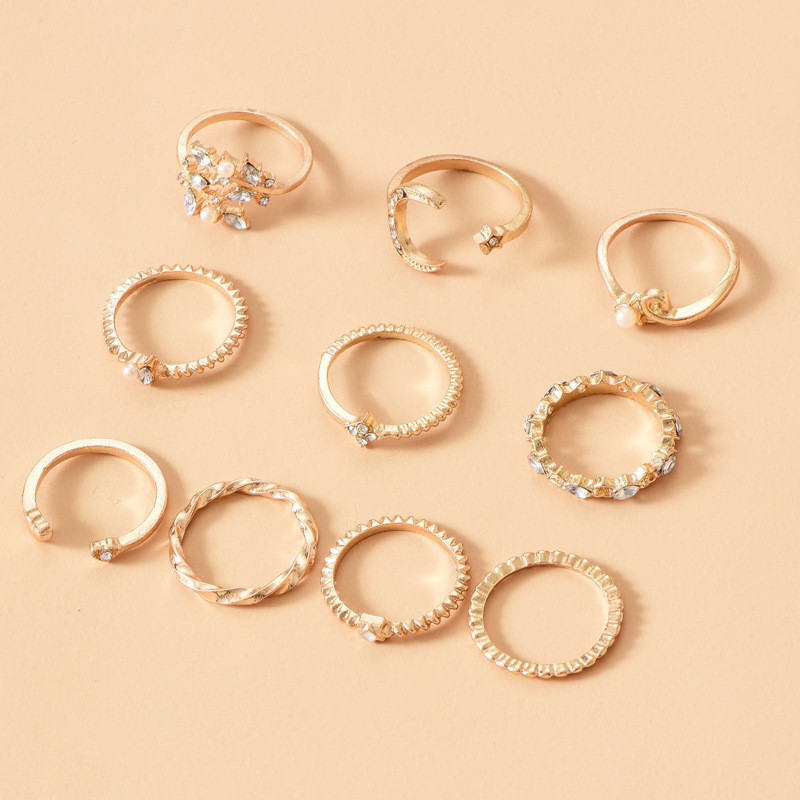 Europe and America Cross Border Model Ring Set 10 Pack Moon XINGX Leaves Heart Shape Rhinestone Knuckle Ring Set Wholesale