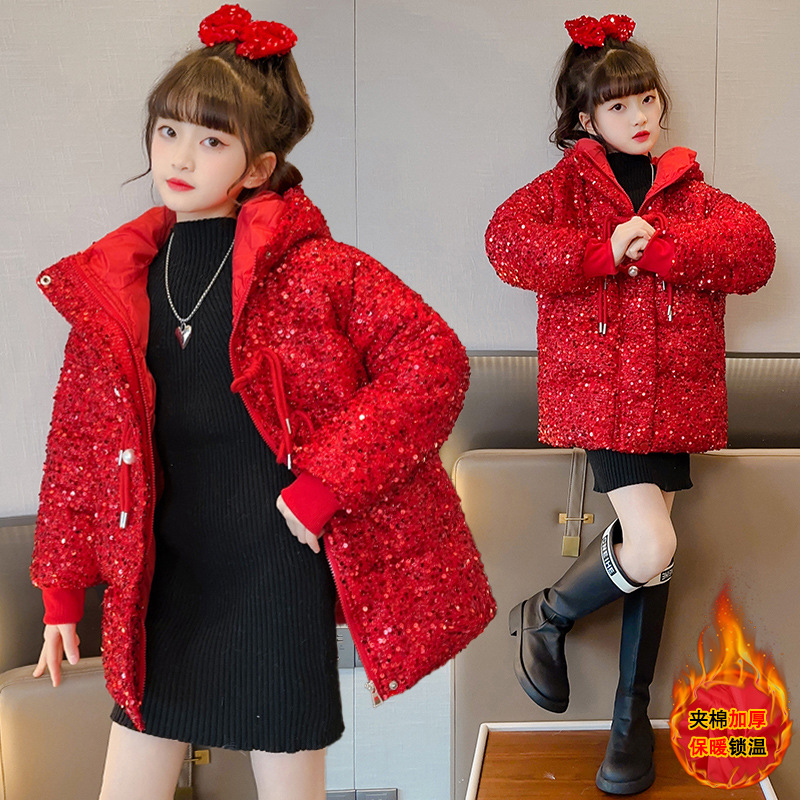 Internet Celebrity Cotton Coat Girls' Winter New Western Style Red Festive Sequined Cotton-Padded Clothes for Middle and Big Children Korean Style Fashion Cotton-Padded Jacket Fashion