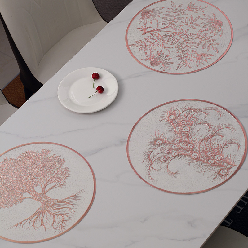 Placemat PVC New round Exquisite Silver Rose Gold Decorative Placemat PVC Heat Insulation Non-Slip Waterproof and Oil-Proof Placemat