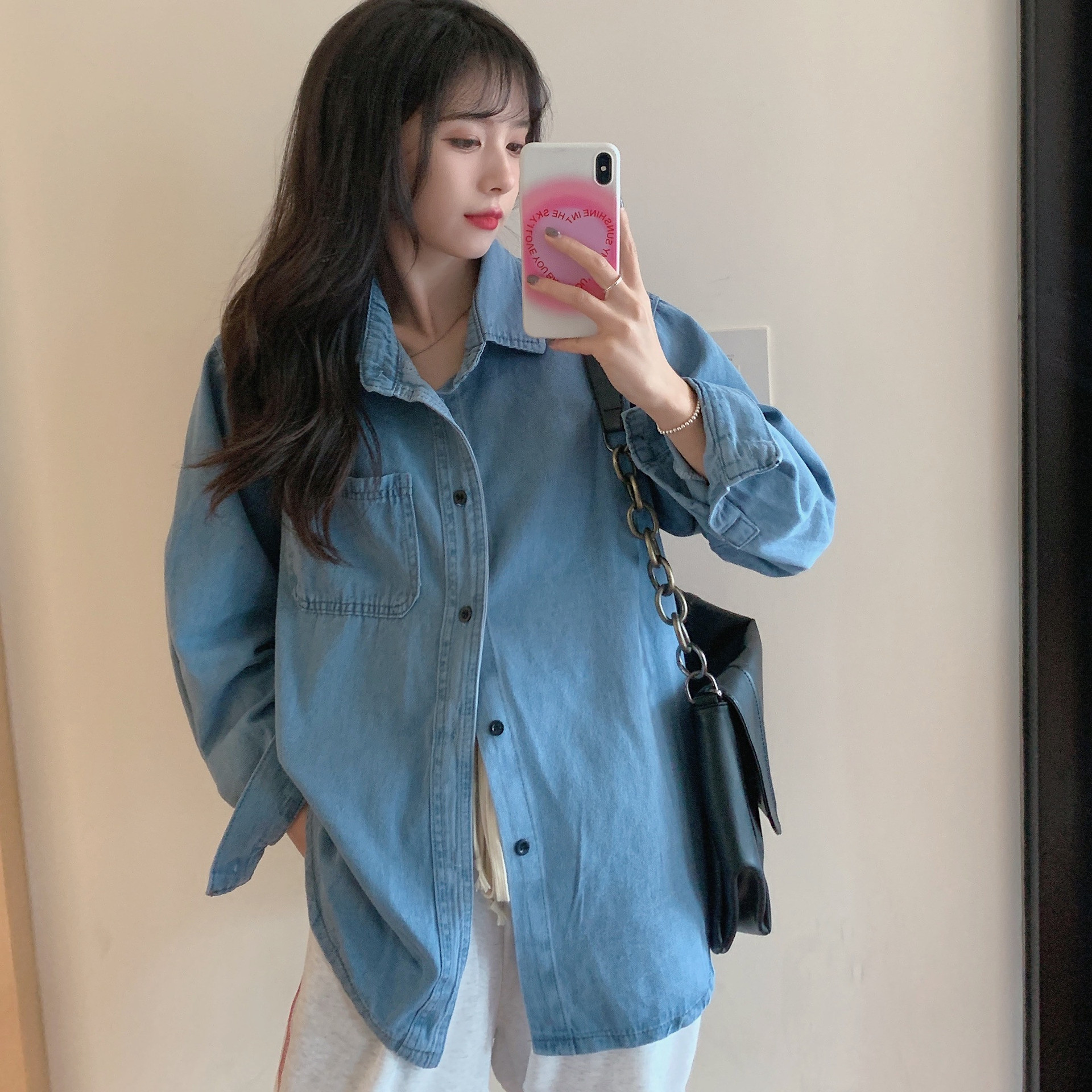 实拍 2022春新韩系ins牛仔衬衫女设计感小众复古港味叠穿衬衣外套