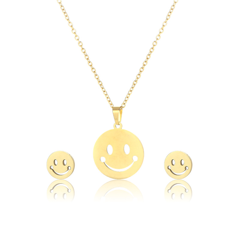 New Style Smiley Face Stainless Steel Necklace and Earrings Suite Women's Hip-Hop Fashion Double-Sided Expression Pendant Three-Piece Set