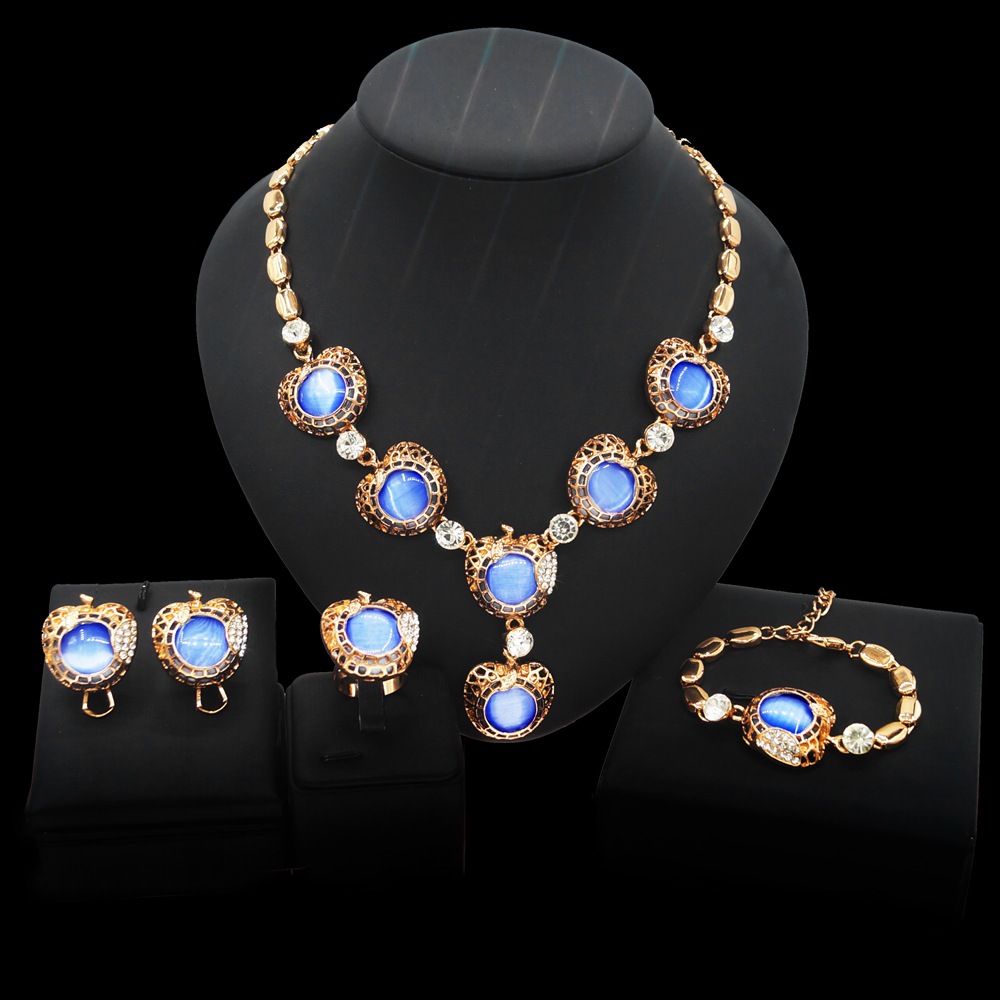 新娘首饰四件套宝石水钻合金项链耳环手链套链礼服配饰