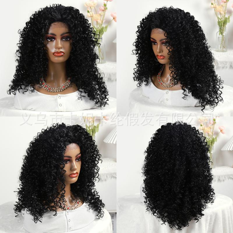 amazon new women‘s front lace t-shaped mesh cap black african chemical fiber silk small curly hair wig newlook