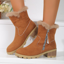 外贸大码雪地靴2023冬季新款加绒加厚毛毛棉靴绒面套筒方跟中筒靴