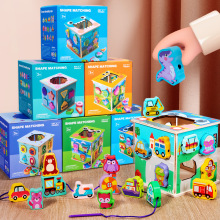 跨境cpc ce动物积木穿绳游戏盒 叠叠高形状配对2-3岁儿童木制玩具
