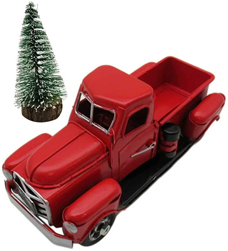 复古手工铁皮汽车模型圣诞工艺红色卡车红色皮卡车精致家居装饰