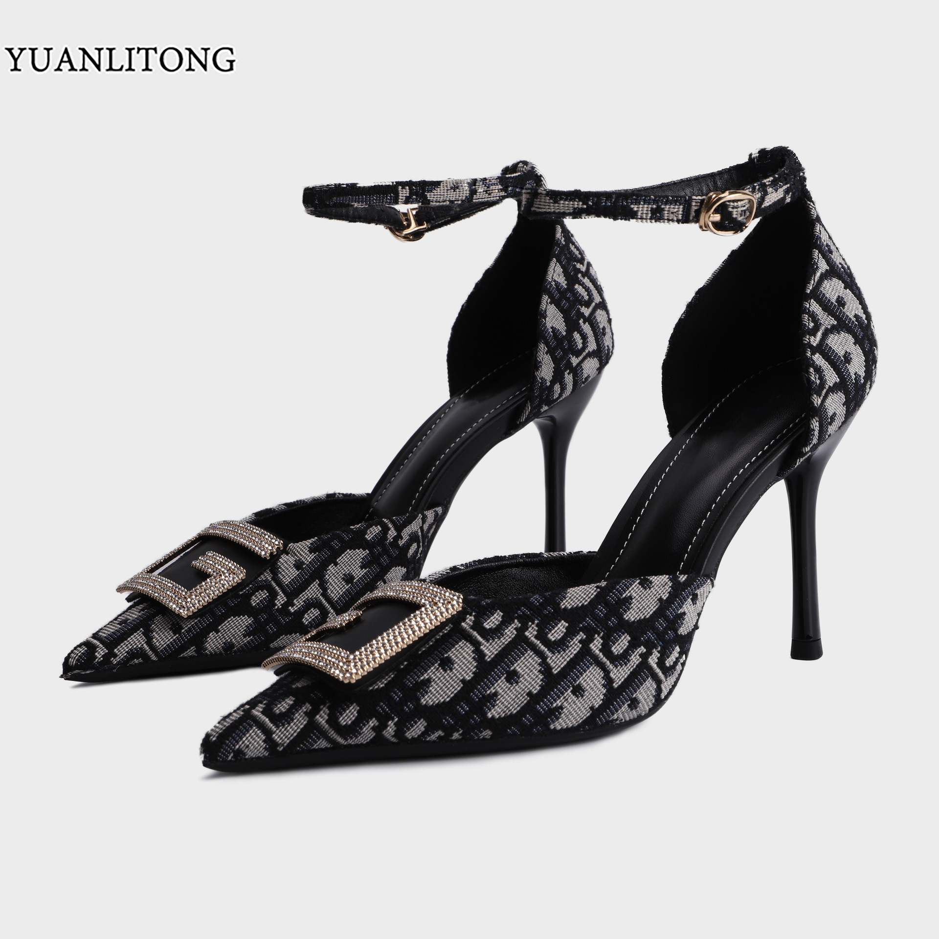 尖头单鞋女2022春秋新款网红水钻时尚百搭中空高跟鞋细跟宴会鞋女