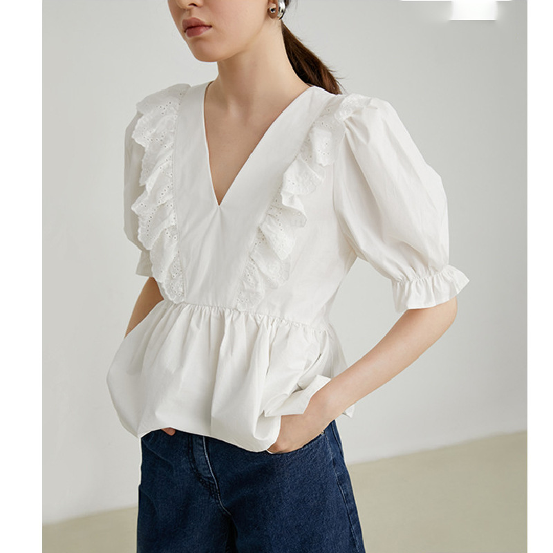 2021夏季法式短袖荷叶边收腰显瘦修身v领泡泡袖上衣白色衬衣女装