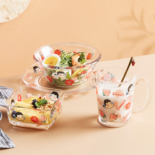 二卡通草莓玻璃碗沙拉碗水果盘子麦片早餐牛奶杯家用少女心餐具