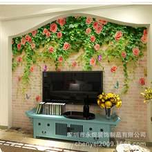 定制浪漫蔷薇花墙壁纸植物绿藤背景墙壁画仿真砖墙影视墙装饰壁布