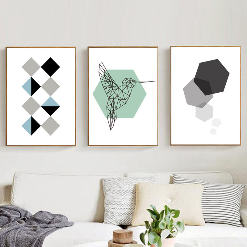 北欧现代几何色块抽象线条小鸟爱心清新组合装饰画图片画芯