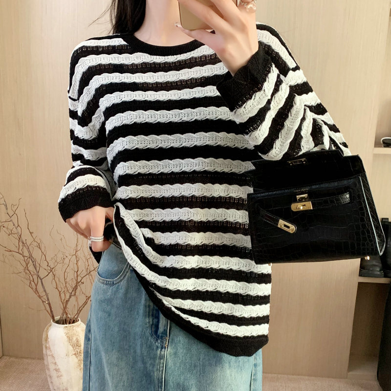 春季慵懒风条纹圆领长袖T恤宽松薄款女套头莱赛尔天丝亚麻针织衫