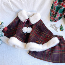 女童圣诞红格子毛呢斗篷短外套童装冬季新款外套半裙儿童两件套