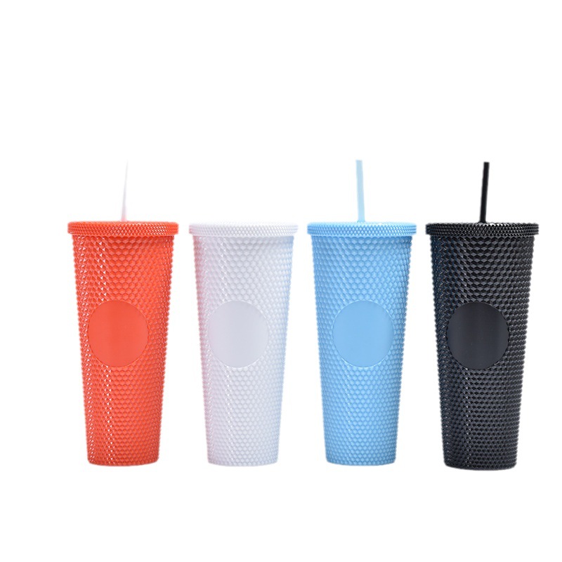 Creative Net Red Diamond Double-Layer Plastic Cup Simple Solid Color Cup with Straw Large Capacity Portable Tie Hand Durian Cup