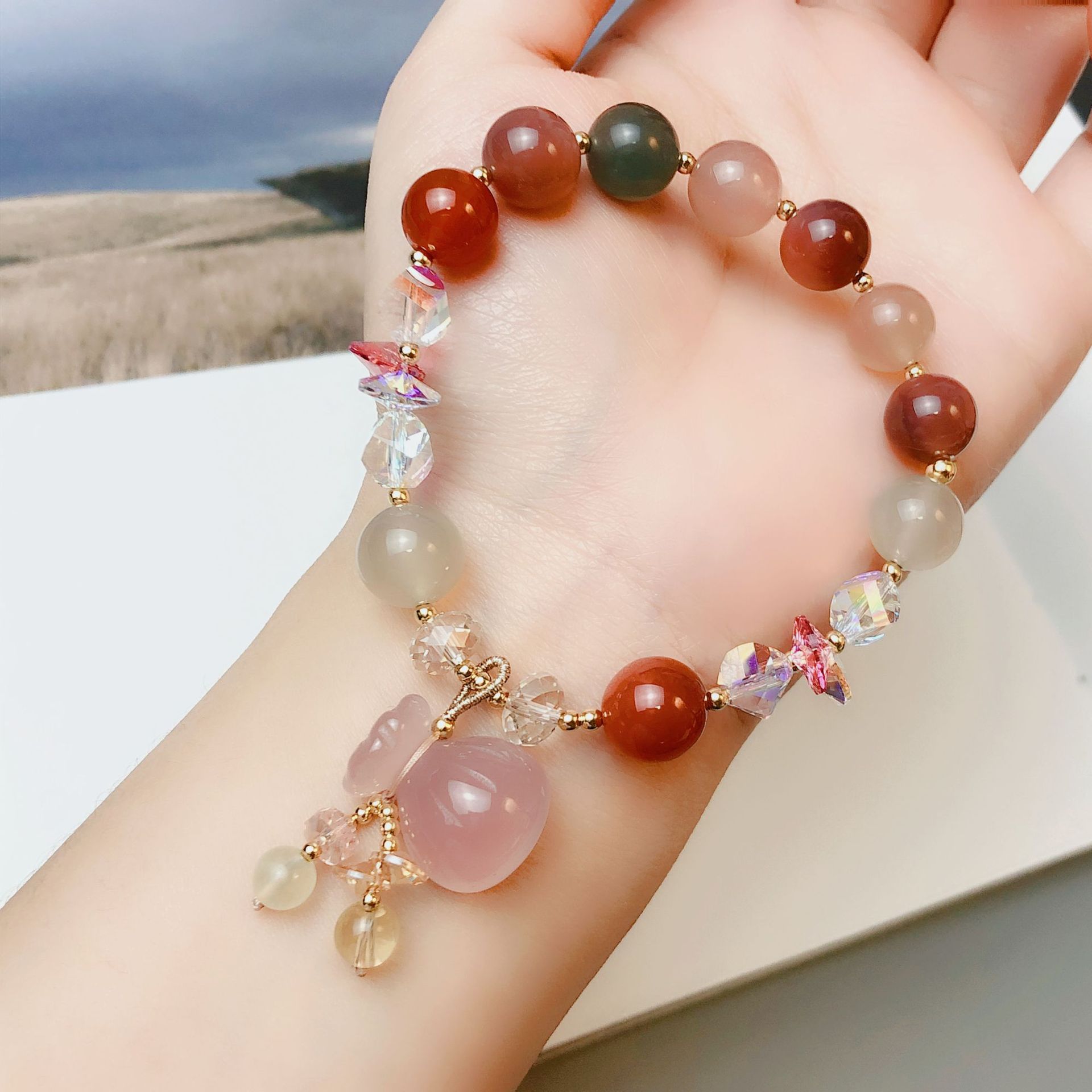 盐源玛瑙玉髓福袋手链女单圈奥地利水晶手串手工饰品串珠配饰首饰