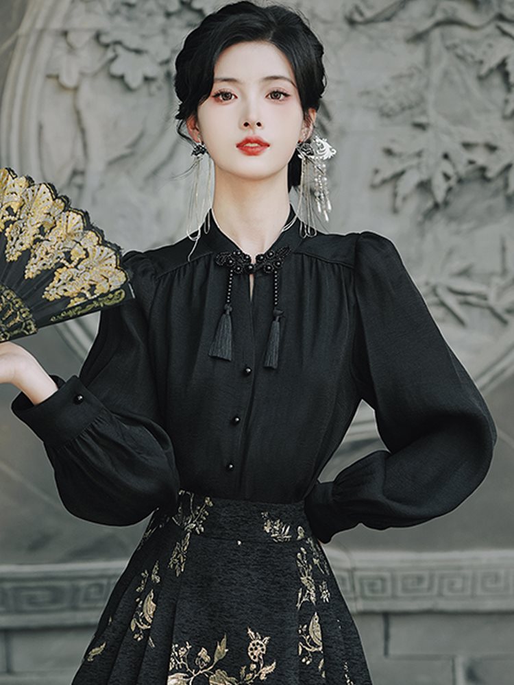 搭配马面裙的上衣女新中式国风黑色衬衣古风汉服对襟立领衬衫夏季