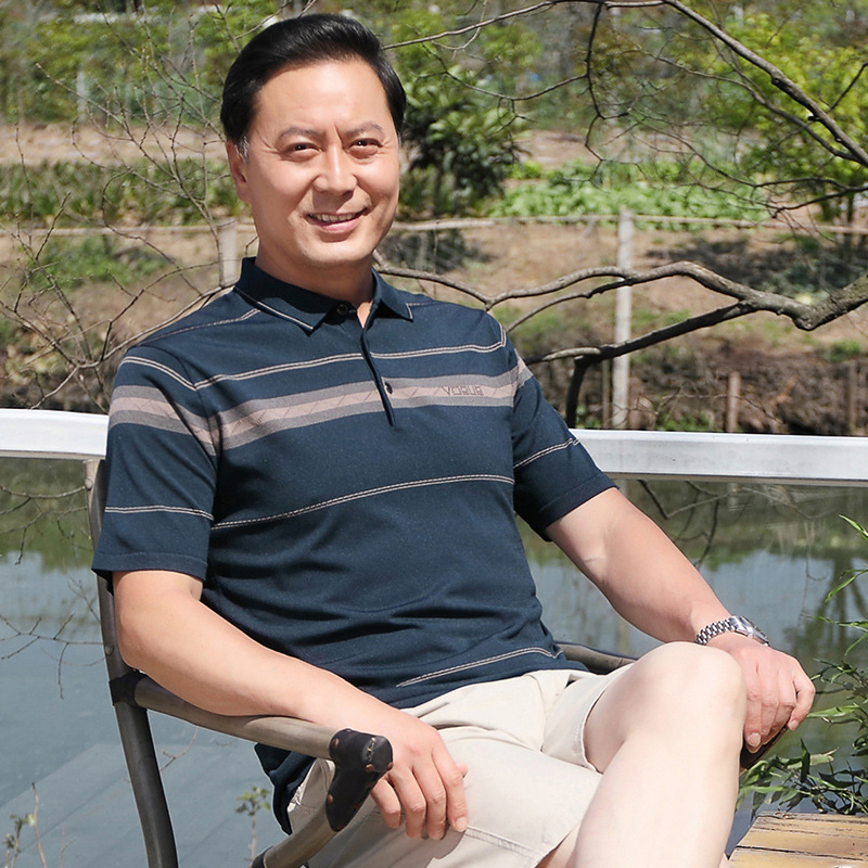 爸爸夏装短袖翻领t恤男中年男士冰丝半袖中老年男装大码爷爷衣服
