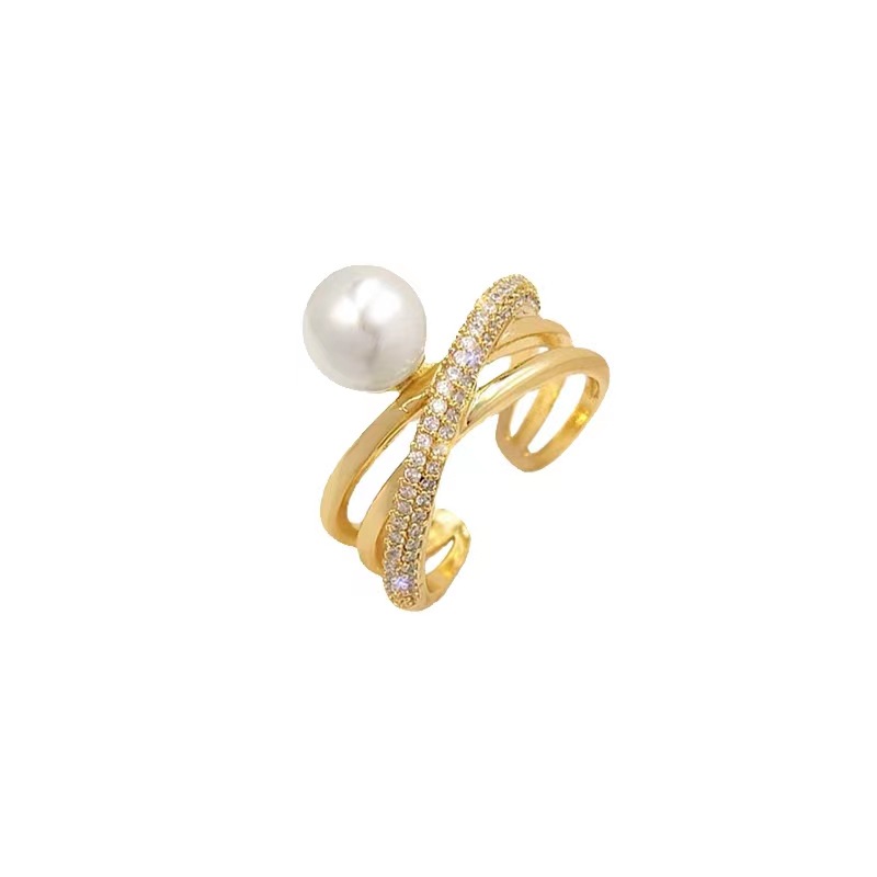 New Trendy Cross Micro Inlaid Pearls Ring Female Ins Niche Light Open Ring Affordable Luxury Fashion Personalized Index Finger Ring