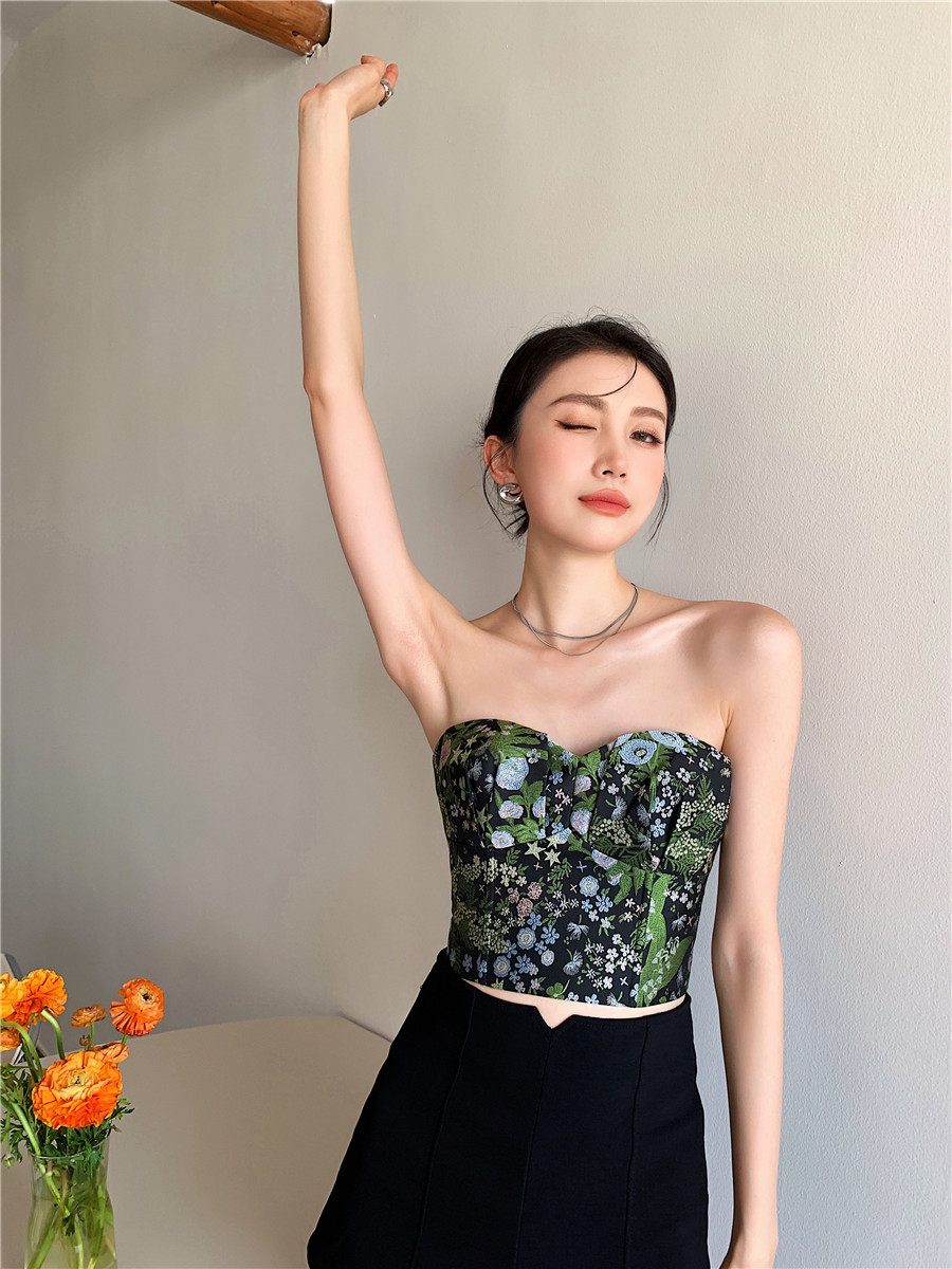 中国风刺绣黑色无肩带抹胸外穿小背心内衣打底上衣女